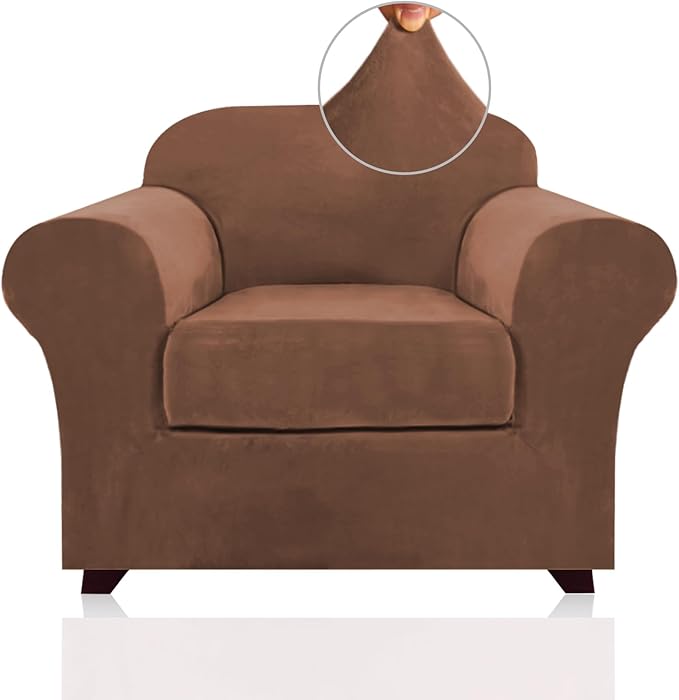 PrinceDeco Velvet Plush Couch Cover Stretch 2 Piece Chair Cover Chair Slipcover Washable Furniture Protector Couch Soft with Elastic Bottom Armchair Cover Width Up to 49 Inch(Small, Caramel)