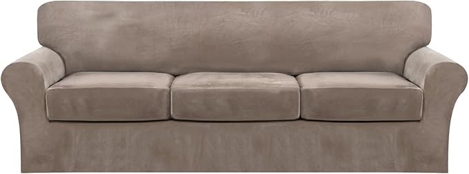 FantasDecor 4 Piece Sofa Velvet Couch Covers for 3 Cushion Stretch Slipcover with Individual Seat Cushion Elastic Furniture Protector for Pets, Machine Washable (Large Sofa, Taupe)
