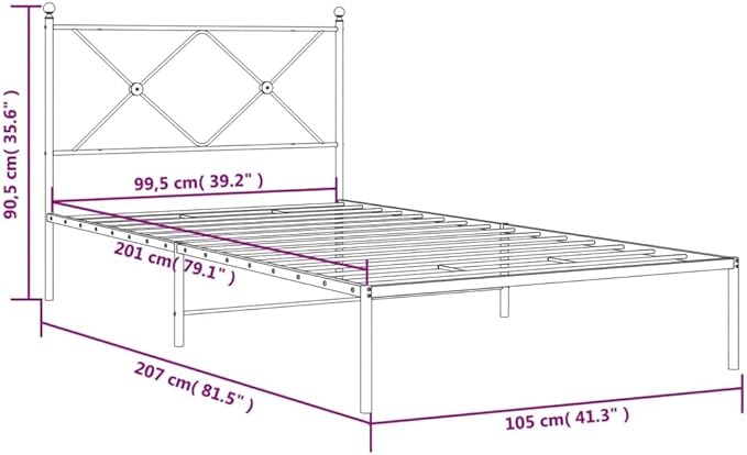 vidaXL White Metal Bed Frame with Headboard - Sturdy Support, Classic Design, Slatted, Under-Bed Storage, Assembly Required 81.5x41.3x35.6 inches