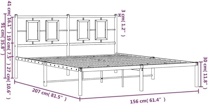 vidaXL Black Metal Double Bed Frame with Headboard - Sturdy Steel Bedroom Furniture, 81.5x61.4x35.8 Inches, Modern Design, Storage Underneath, Easy Assembly