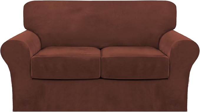 FantasDecor 3 Piece Sofa Covers Velvet for 2 Cushion Couch Stretch Loveseat Slipcover with Individual Seat Elastic Furniture Protector for Pets (Loveseat, Burnt Brick)