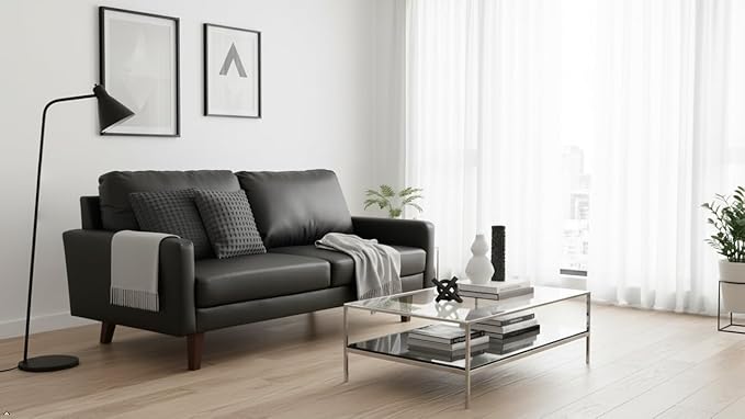 Pemberly Row Modern PU Leather Sofa Couch with Wooden Legs – Black, 70 Inch Upholstered Sofa, High-Density Cushion, Straight Arm Design for Living Room, Apartment or Office