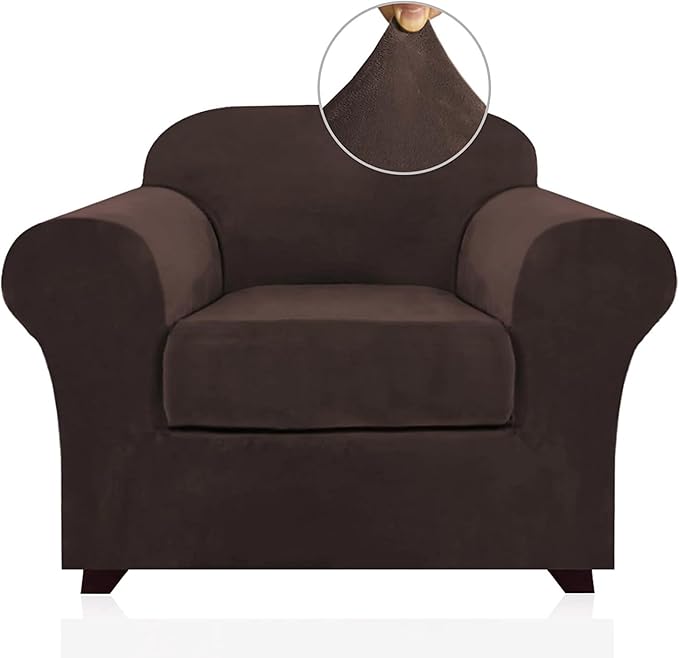 PrinceDeco Velvet Plush Couch Cover Stretch 2 Piece Chair Cover Chair Slipcover Washable Furniture Protector Couch Soft with Elastic Bottom Armchair Cover Width Up to 49 Inch(Small, Brown)