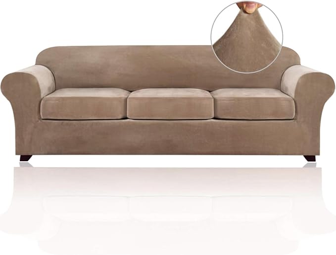 PrinceDeco Velvet XL Couch Cover for Oversized Sofa 4 Piece Sofa Covers for 3 Cushion Couch Washable Furniture Protector with Non Slip Elastic Bottom Width Up to 97 Inch(X-Large, Camel)