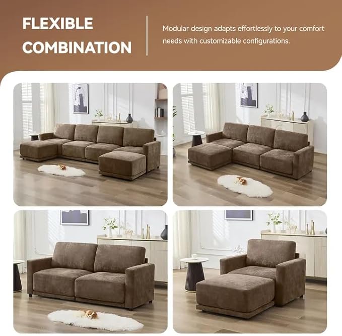 143.8" Modular U Shaped Sofa, Oversized Sectional Cloud Couch, 6 Seater Deep Seat Couches with 2 Movable Ottomans, Comfy Thickened Sofas for Living Room, Chenille Brown