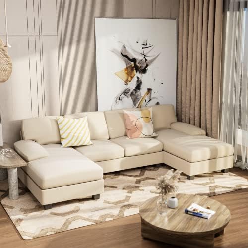 Furniwell Convertible Sectional Sofa Couch, 4 Seat Sofa Set for Living Room U-Shaped Modern Fabric Modular Sofa Sleeper with Double Chaise & Memory Foam (Fabric, White)