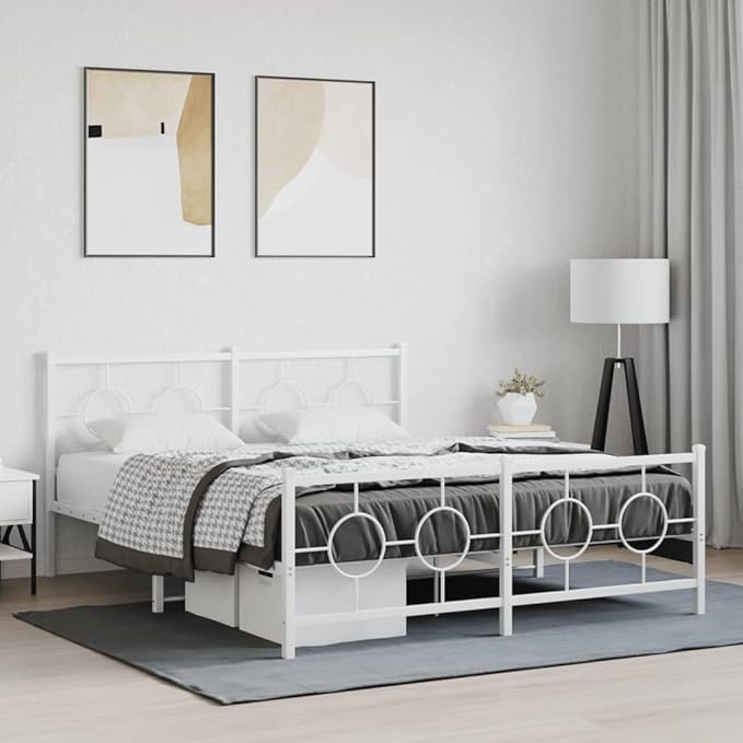 vidaXL Bed Frame White Powder-Coated Steel King Size Bed Frame