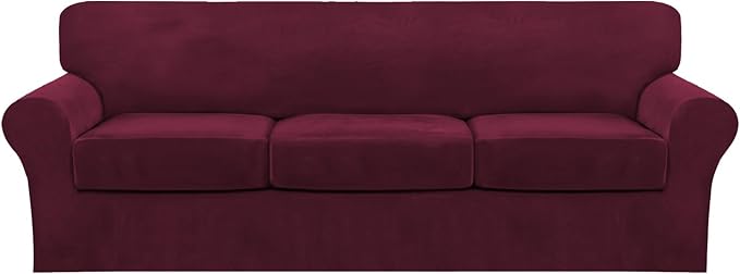 FantasDecor 4 Piece Sofa Velvet Couch Covers for 3 Cushion Stretch Slipcover with Individual Seat Cushion Elastic Furniture Protector for Pets, Machine Washable (Large Sofa, Burgundy)
