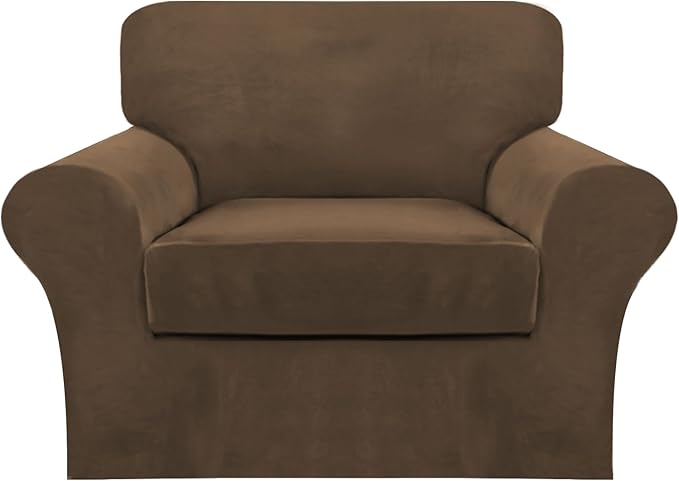FantasDecor 2 Piece Chair Sofa Covers Velvet for Living Room Slipcovers with Individual Cushion Elastic Furniture Protector for Pets, Machine Washable (Armchair, Bronze Brown)