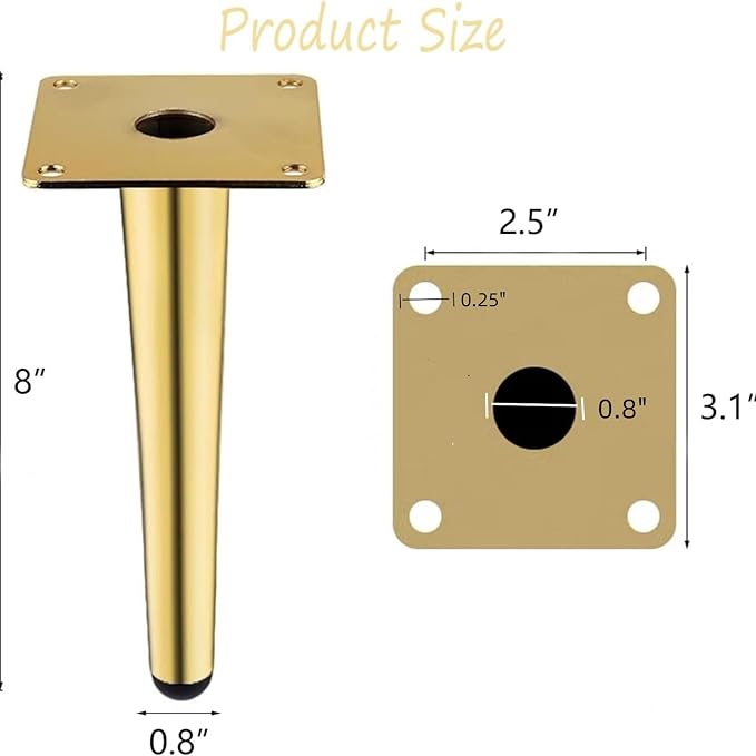 Gold Metal Furniture Legs Heavy Duty Straight Furniture Feet DIY Modern Replacement Legs for Cabinet Sofa Couch Chair-Set of 4 (Gold, 8")