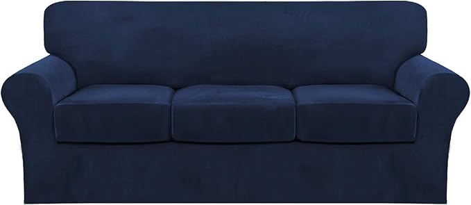 FantasDecor 4 Piece Sofa Velvet Couch Covers for 3 Cushion Stretch Slipcover with Individual Seat Cushion Elastic Furniture Protector for Pets, Machine Washable (Sofa, Navy)