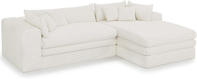Belffin Boneless Cloud L Shaped Couch with Deep Seat Plush Corduroy Boneless Modular Cloud Sectional Couches for Living Room. Right Facing Chaise. Beige Sofa