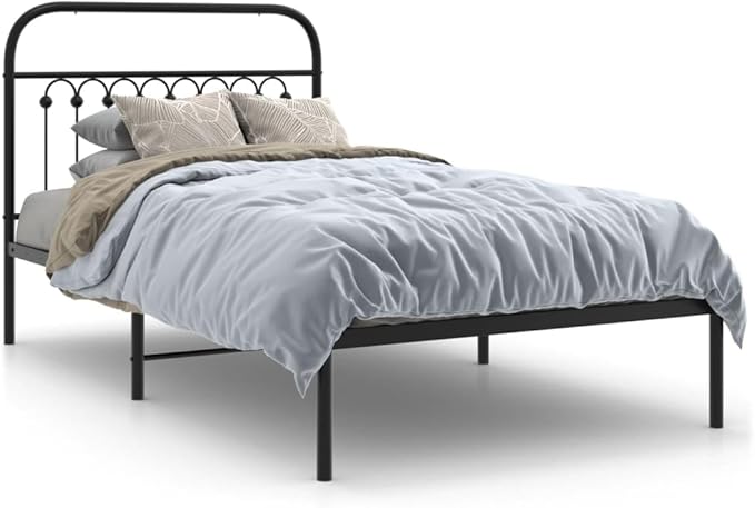 Steel Bed Frame with Headboard, Black Metal Platform Bed for Single Sleeper, Sturdy Mattress Foundation for 39.4x78.7 Inch Bedrooms and Guest Rooms