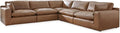Signature Design by Ashley Emilia Modern Modular Leather Match 5-Piece Sectional with Loose Back Cushions and 2 Bolster Pillows, Light Brown