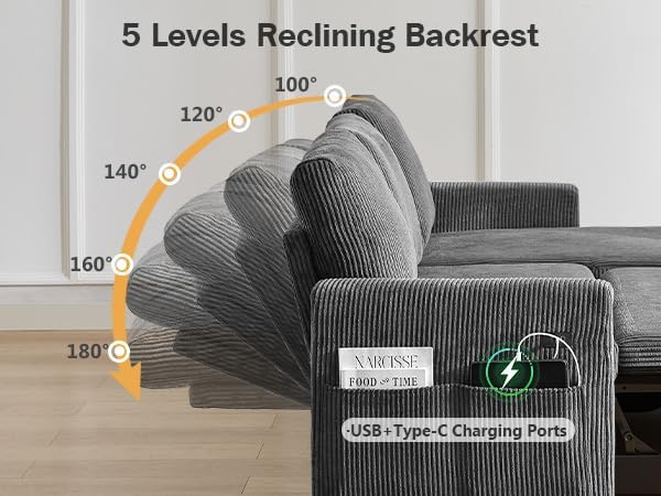 Vipbear 104" Sectional Sleeper Sofa Bed with Pull Out Bed, U Shaped Couch Pull Out Couch with Reclining Backrest, Reversible Storage Chaise, USB Ports, Tool-Free Assembly, Corduroy Grey