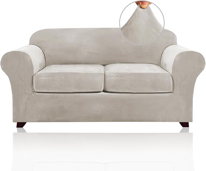 PrinceDeco Velvet Couch Cover Loveseat Covers for 2 Cushion Couch 3 Piece Sofa Covers for Dogs Washable Loveseat Covers Width Up to 72 Inch No Slip Stretch Sofa Slipcover(Medium, Oatmeal)