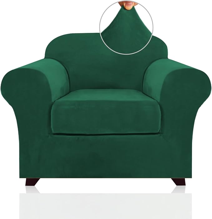 PrinceDeco 2 Piece Chair Cover Velvet Chair Slipcovers Soft Armchair Cover Furniture Protector with Arms Width Up to 49 Inch Chair Sofa Cover with Individual Cushion Covers(Small, Green)