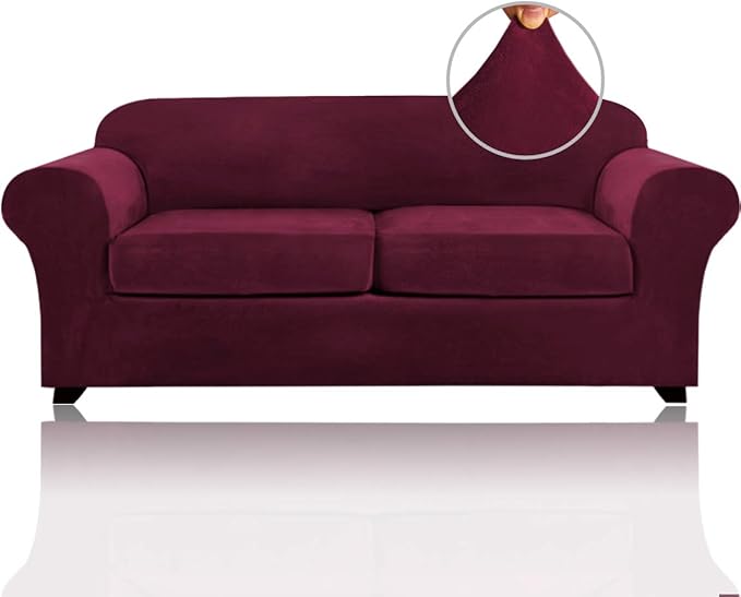 PrinceDeco Couch Cover Velvet Plush Sofa Covers for 2 Cushion Couch Width Up to 90 Inch Washable Furniture Protector Pet Friendly No Slip Sofa Slipcover(Medium-Large, Burgundy)
