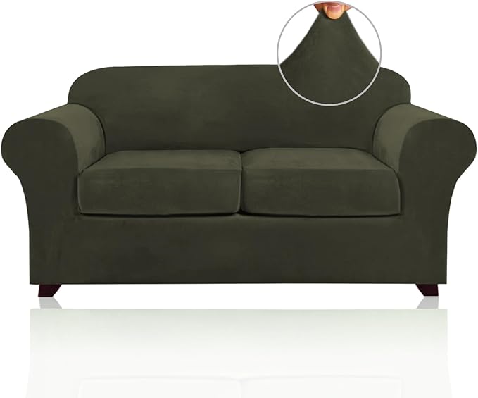 PrinceDeco Velvet Couch Cover Loveseat Covers for 2 Cushion Couch 3 Piece Sofa Covers for Dogs Washable Loveseat Covers Width Up to 72 Inch No Slip Stretch Sofa Slipcover(Medium, Olive)