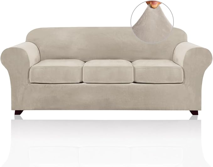 PrinceDeco Velvet Couch Covers for Sofa Soft 4 Pieces Couch Covers for 3 Cushion Couch Sofa Pet Friendly Furniture Protector with Non Slip Elastic Bottom Width Up to 97 Inch (Large Sofas, French Oak)