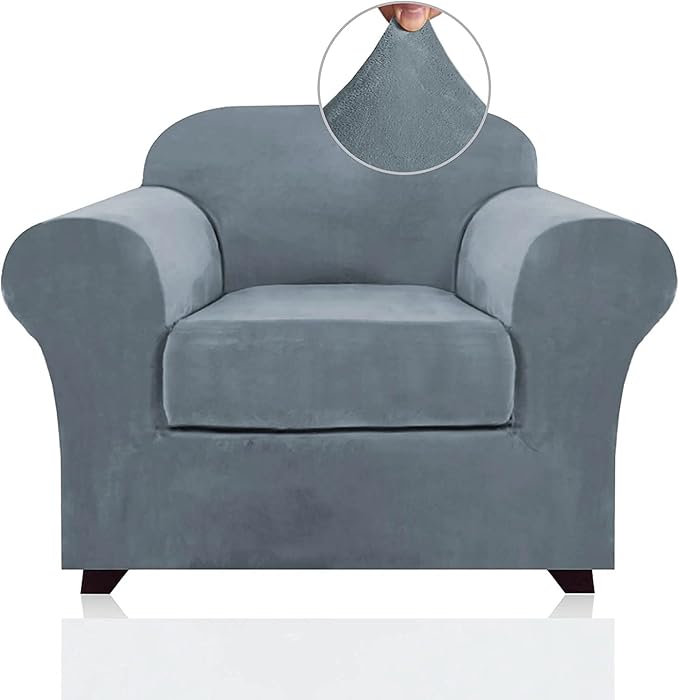 PrinceDeco Velvet Plush Couch Cover Stretch 2 Piece Chair Cover Chair Slipcover Washable Furniture Protector Couch Soft with Elastic Bottom Armchair Cover Width Up to 49 Inch(Small,Stone Blue)