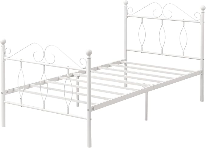 FurnitureR Platform Metal Bed Frame with Headboard/Footboard/Steel Slats, Modern White Mattress Foundation with Storage, No Box Spring Needed Double Bed, Easy Assembly, Single