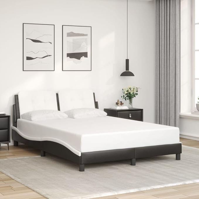 Full Size Platform Bed Frame, Black & White Wavy Faux Leather Upholstered Bedframe with Headboard, Modern Furniture for Bedroom