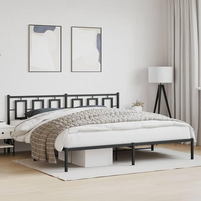 vidaXL Metal King Bed Frame with Headboard - 76"x79.9" - Black Steel Construction for Bedroom Furniture