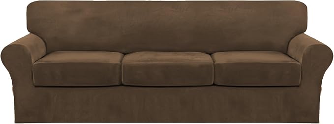 FantasDecor 4 Piece Sofa Velvet Couch Covers for 3 Cushion Stretch Slipcover with Individual Seat Cushion Elastic Furniture Protector for Pets, Machine Washable (Large Sofa, Bronze Brown)