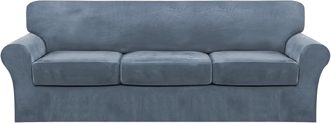 FantasDecor 4 Piece Sofa Velvet Couch Covers for 3 Cushion Stretch Slipcover with Individual Seat Cushion Elastic Furniture Protector for Pets, Machine Washable (Large Sofa, Stone Blue)