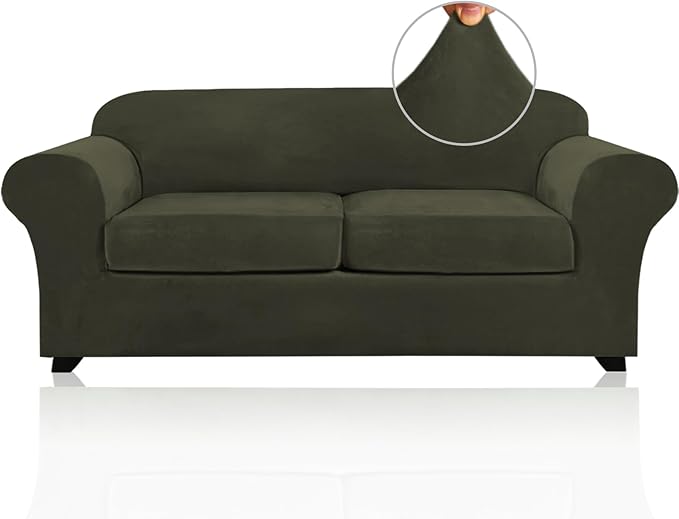 PrinceDeco Couch Cover Velvet Plush Sofa Covers for 2 Cushion Couch Width Up to 90 Inch Washable Furniture Protector Pet Friendly No Slip Sofa Slipcover(Medium-Large, Olive)