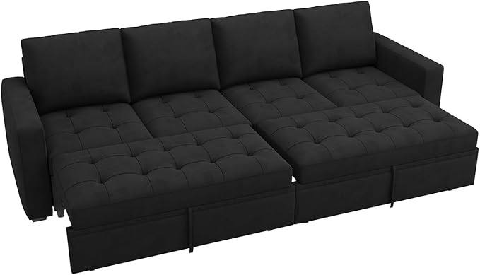 HONBAY Modular Sectional Sleeper Sofa with Pull Out Bed, Linen Convertible Sectional Couches for Living Room, Black