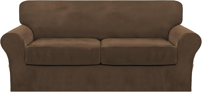FantasDecor 3 Piece Sofa Covers Velvet for 2 Cushion Couch Stretch Loveseat Slipcover with Individual Seat Elastic Furniture Protector for Pets (Sofa, Bronze Brown)