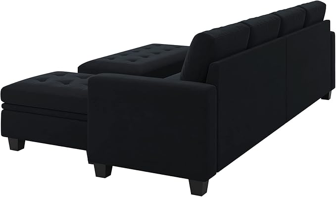 Belffin Velvet Convertible 4-Seat Sectional Sofa with Reversible Chaise L Shaped Sofa Couch Furniture Sets Sectional Couch with Storage Ottoman Black