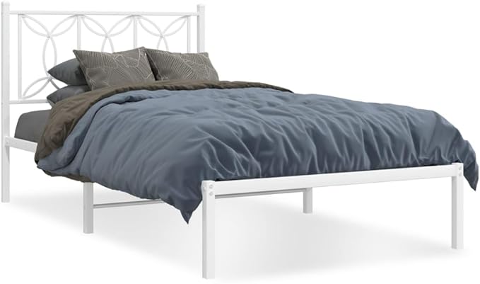 White Steel Bed Frame Single Modern Headboard Platform Mattress Base, 39.4 x 78.7 Inch Sleeping Area, Durable Heavy Duty 440 Lbs Capacity Underbed Storage Space for Bedroom