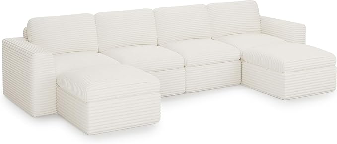 Cloud Sectional Couches for Living Room Plush Corduroy U Shaped Boneless Modular Sectional Sofa with Deep Seat. White Couch.
