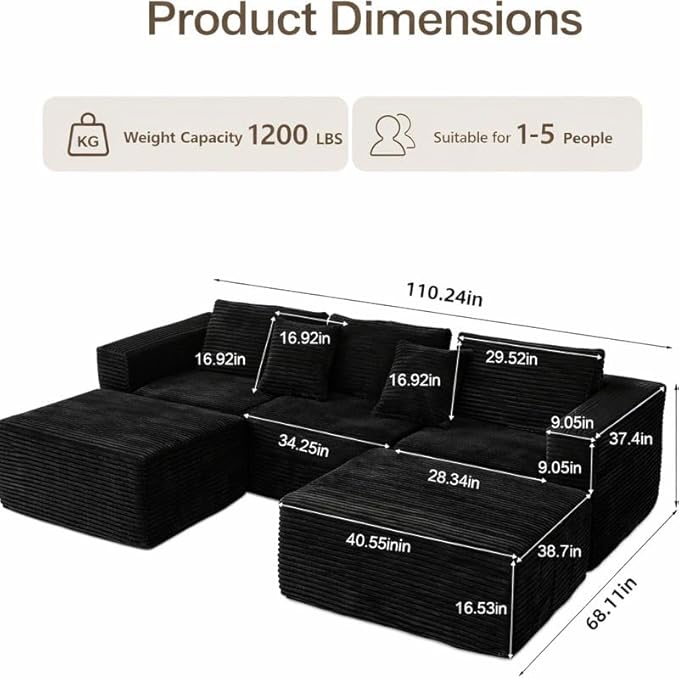 110" Boneless Couch with 2 Ottomans, Corduroy U-Shaped Modular Cloud Sofa with Deep Seats, Ergonomic Memory Foam Couches for Living Room, No Assembly Sectional Sofas, 5 Seater, Black