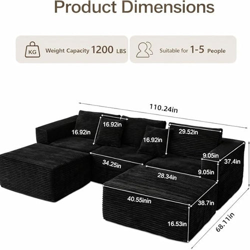 110" Boneless Couch with 2 Ottomans, Corduroy U-Shaped Modular Cloud Sofa with Deep Seats, Ergonomic Memory Foam Couches for Living Room, No Assembly Sectional Sofas, 5 Seater, Black
