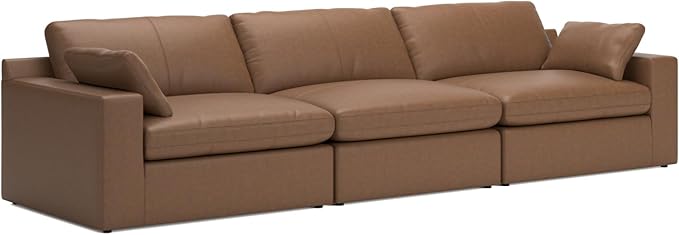 Signature Design by Ashley Emilia Modern Leather Match 3-Piece Sectional Sofa with Loose Back Cushions and 2 Bolster Pillows, Light Brown