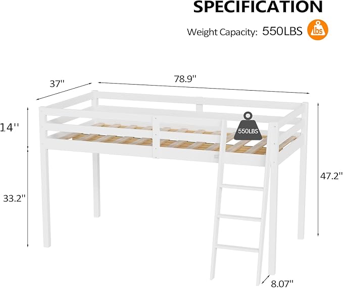 VINGLI 47'' Tall Junior Low Loft Bed with Stairs, White Wood Loft Bed Twin Size for Adults, Kids and Young Teens, No Box Spring Required,Wood Slat Support