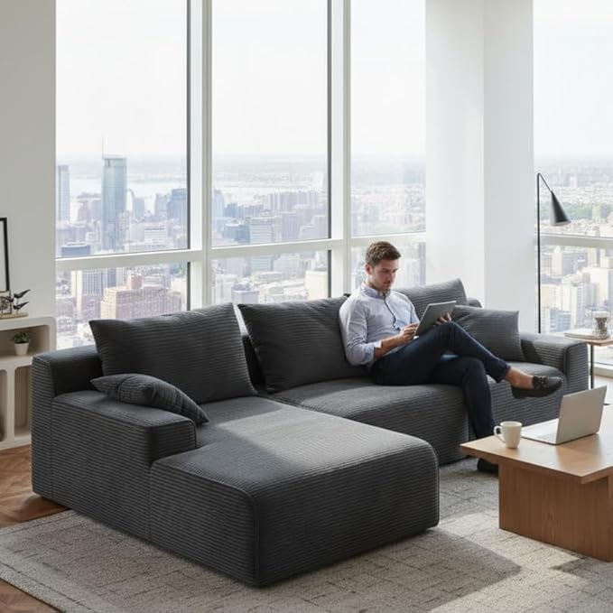 97" L-Shaped Boneless Modular Cloud Couch, Comfy Corduroy Sectional Sofa with Deep Seat and Left Facing Chaise, Flexible Module Combination for Living Room, No Assembly Required (Grey)