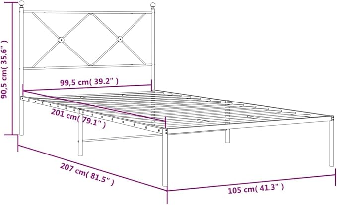 vidaXL Metal Bed Frame with Headboard - Black Powder-Coated Steel, 39.4"x78.7" Mattress Support, Bedroom Furniture for Modern Decor