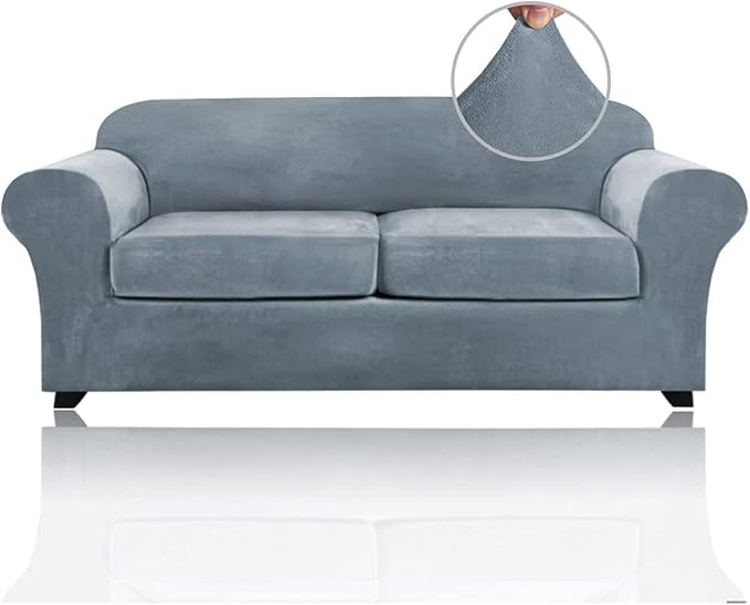 PrinceDeco Couch Cover Velvet Plush Sofa Covers for 2 Cushion Couch Width Up to 90 Inch Washable Furniture Protector Pet Friendly No Slip Sofa Slipcover(Medium-Large,Stone Blue)