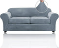 PrinceDeco Couch Cover Velvet Plush Sofa Covers for 2 Cushion Couch Width Up to 90 Inch Washable Furniture Protector Pet Friendly No Slip Sofa Slipcover(Medium-Large,Stone Blue)