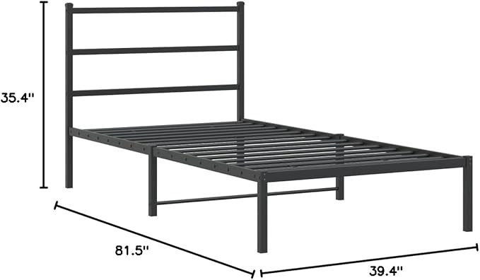 Modern Black Powder-Coated Bed Frame with Headboard, Sturdy Steel Platform Bed with Ample Storage Space, Durable Mattress Support for Single Sleeper, Easy Assembly for Guest
