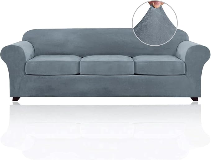 PrinceDeco Velvet Couch Covers for Sofa Soft 4 Pieces Covers for 3 Cushion Couch Sofa Pet Friendly Furniture Protector with Non Slip Elastic Bottom Width Up to 97 Inch (Large Sofas, Stone Blue)