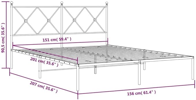 vidaXL Modern White Metal Bed Frame - Double Bed with Headboard, Steel Construction, Extra Underbed Storage Space - 59.1"x78.7"