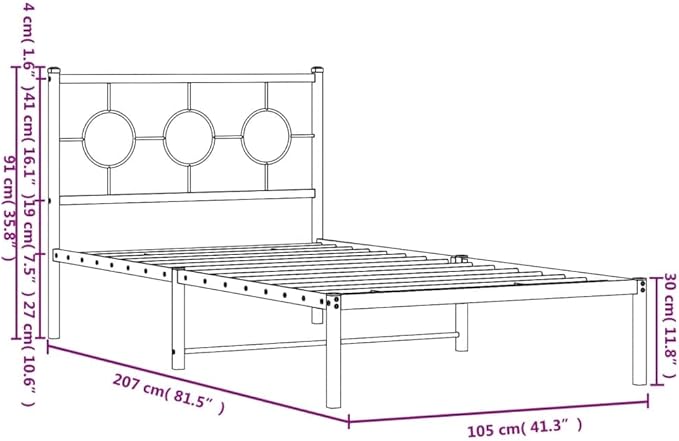vidaXL White Steel Single Bed Frame with Headboard - Industrial Style, 39.4"x78.7" Mattress Compatible, Bedroom Platform Bed