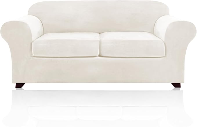 PrinceDeco Velvet Couch Covers for Sofa Soft 4 Pieces Couch Covers for 3 Cushion Couch Sofa Pet Friendly Furniture Protector with Non Slip Elastic Bottom Width Up to 90 Inch (Medium-Large, Porcelain)
