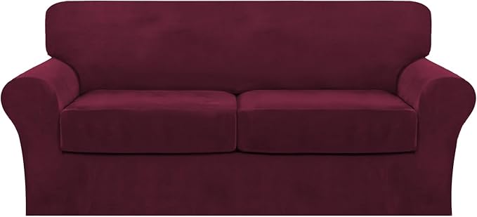 FantasDecor 3 Piece Sofa Covers Velvet for 2 Cushion Couch Stretch Loveseat Slipcover with Individual Seat Elastic Furniture Protector for Pets (Sofa, Burgundy)